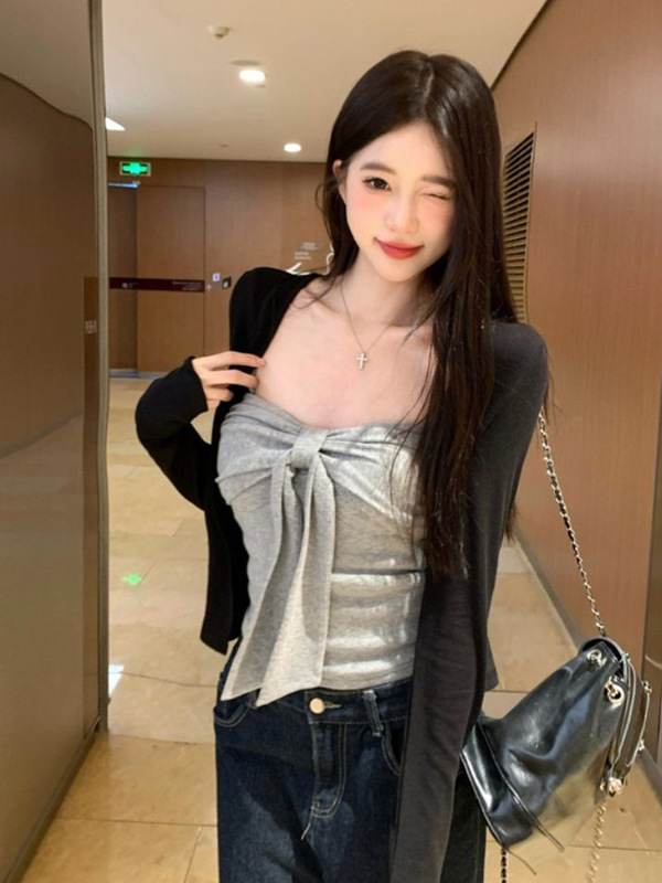 韩系高级感黑色长袖外套女早秋季2025新款开衫配抹胸吊带上衣套装|undefined