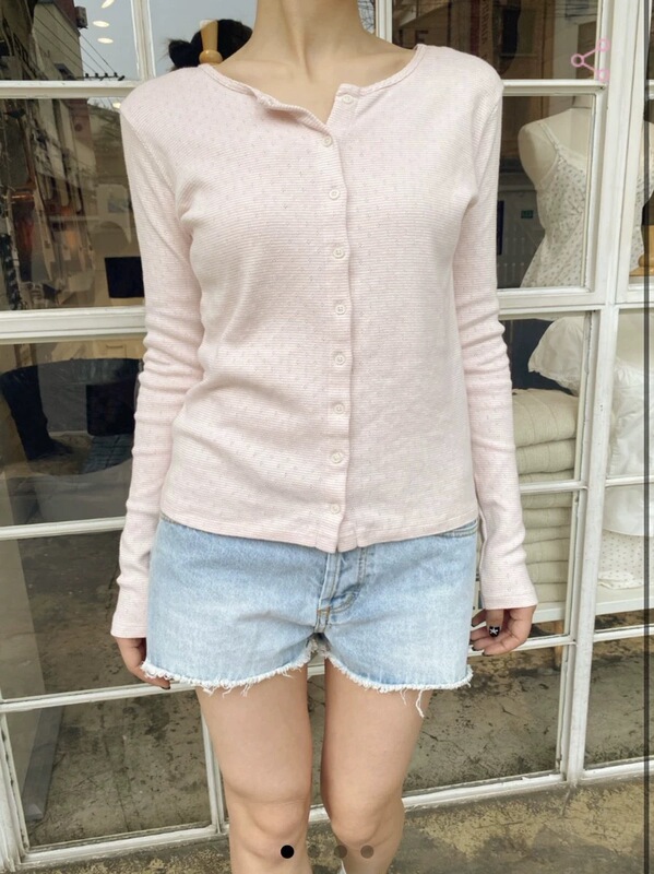 Bm Style Single-Breasted Light Pink Stripesd Long-Sleeved Cardigan Bm New Cut Out Mesh Lace Slim Top Jacket