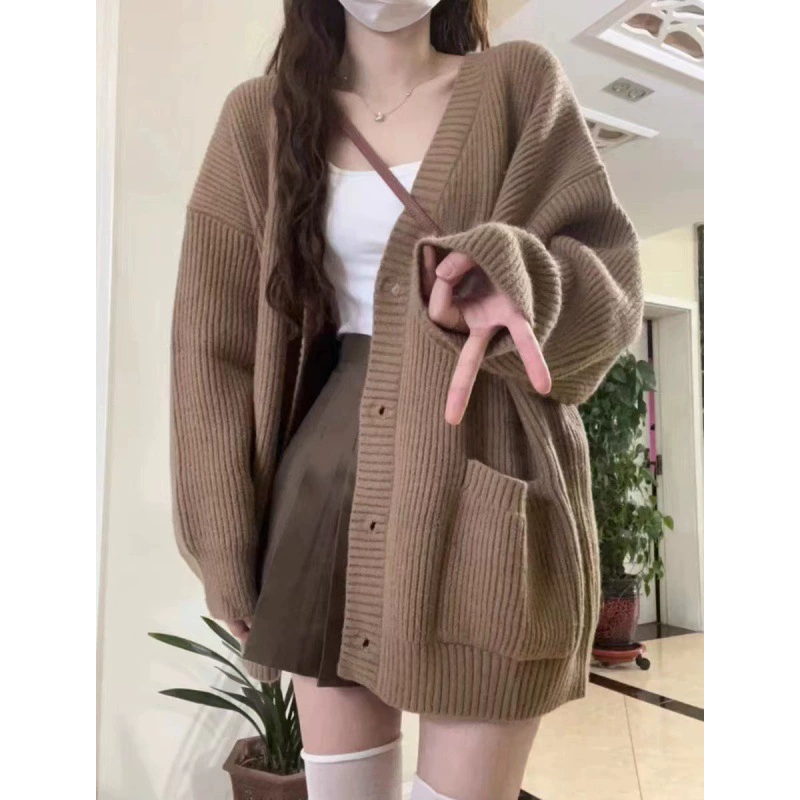 Вязаный осенний свитер, кардиган, куртка, стиль Chanel, свободный крой, V-образный ворот