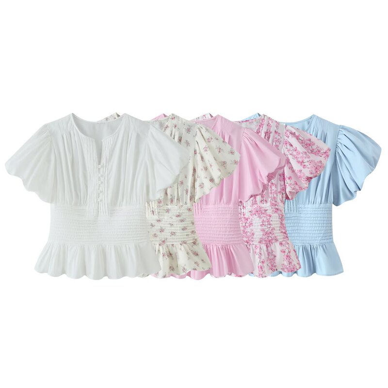 MYST&ZA New Women's Fashion European and American Style Versatile Personality Pleated Decorated Short Sleeve Top MYST&ZA New Women's Fashion European and American Style Versatile Personality Pleated Decorated Short Sleeve Top