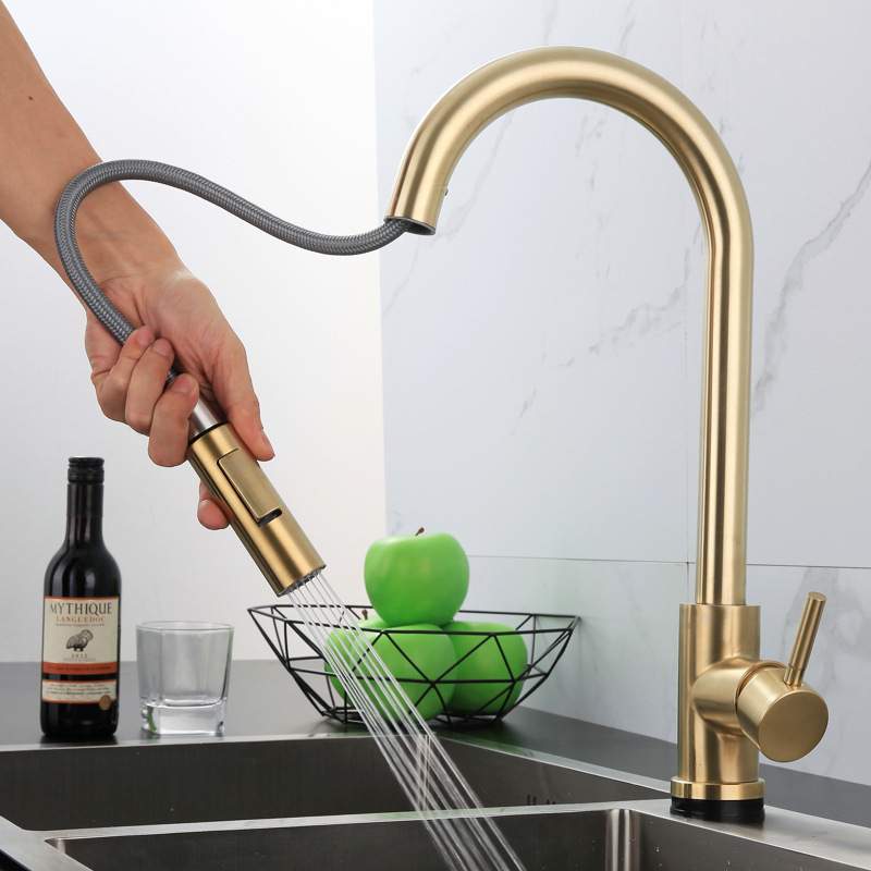 SUS304 Acero inoxidable cocina pull grifo inducción caliente y fría retráctil cepillado Oro Negro toque grifo