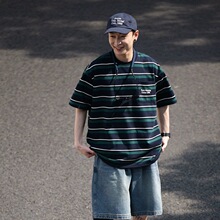 日系复古条纹短袖t恤男夏季潮牌宽松百搭半截袖体恤情侣装上衣服