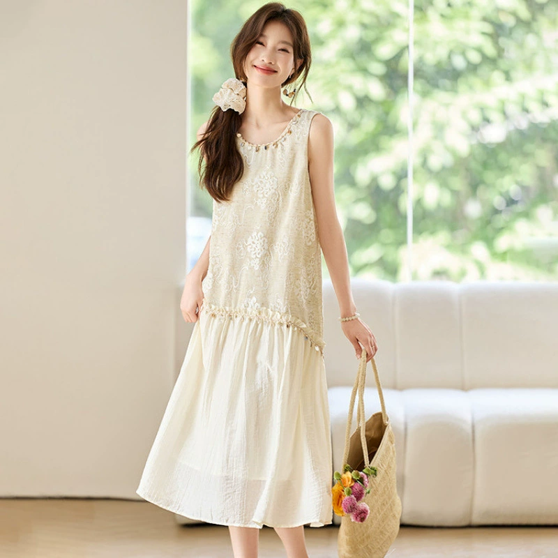 Женское платье без рукавов с кружевной вышивкой, лето 2025, новый стиль, популярная в этом году свободная утягивающая длинная юбка