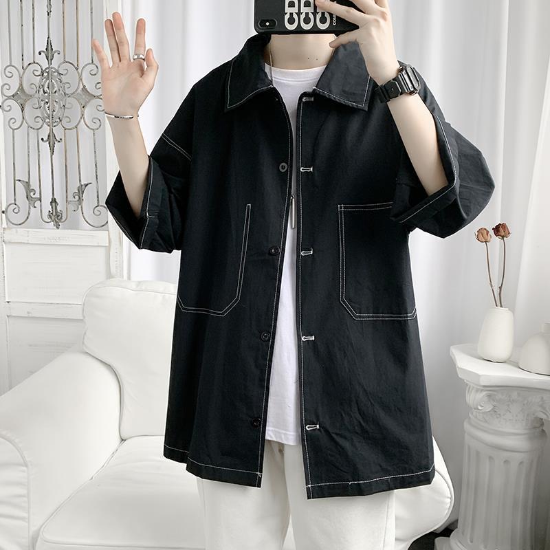 Ropa de trabajo simple camisa de manga corta verano de los hombres de moda ins estilo Hong Kong estilo japonés camisa suelta 3/4 camisa de manga delgada capa