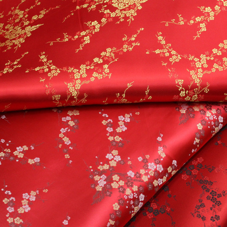 中国风旗袍童装马甲舞台影视纺丝布装饰提花织锦缎丝绸梅花面料