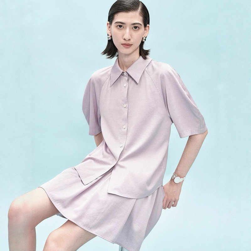 醋酸天丝混纺宽腰头短裙半身裙女2025夏新款爽滑褶皱半裙衬衣套装|undefined