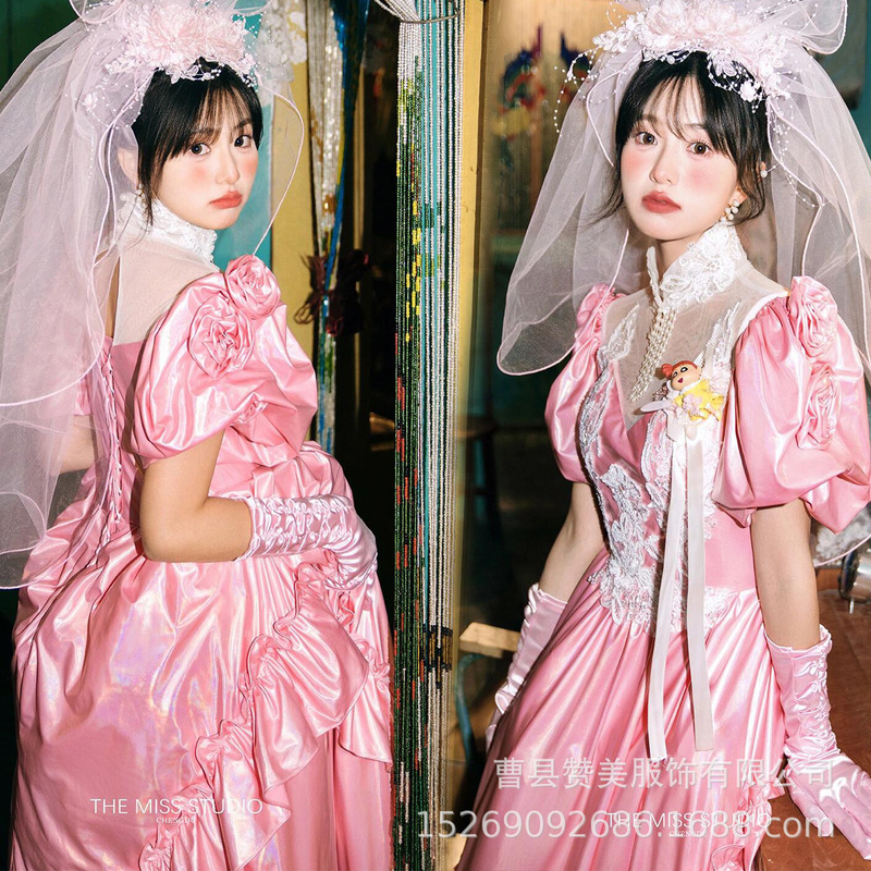Photo Studio's New 90S Pink Princess-Style Dress, Retro Hong Kong-Style Wedding Dress, Travel Photography, Photo Shoot, Morning Robe