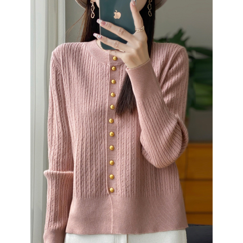 Primavera y otoño de alta calidad invierno nuevo estilo de cuello redondo jersey de punto cardigan suéter de mujer chaqueta suelta flor de nézel con camisa de base