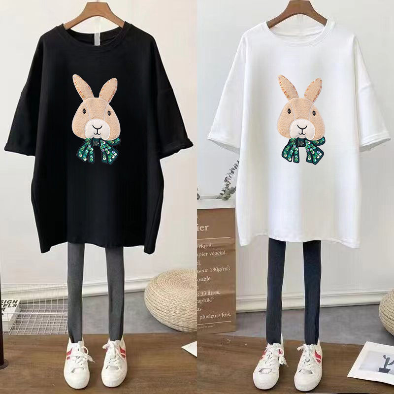 plus size Women's 300kg Long Short Sleeve T-shirt Summer Loose chubby girl Korean Loose Slim Belly Covering Pregnant Women's Top