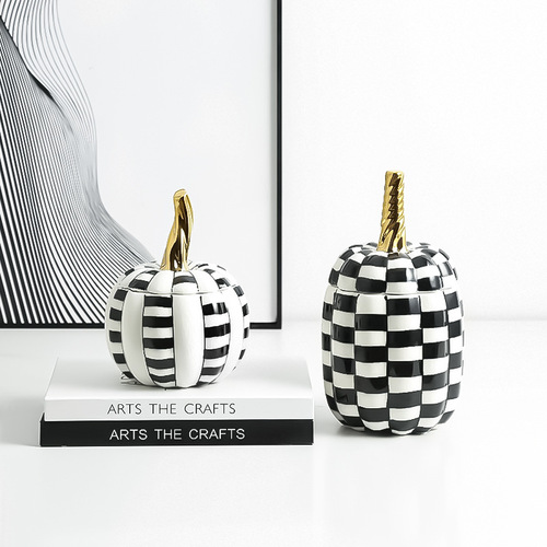Modern light luxury hand-painted ceramic black and white grid pumpkin decorative vase sample room accent living room wine cabinet creative craft