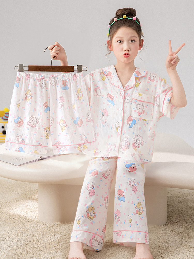 Pijamas para niños niñas de verano delgada ropa de bebé 2026 nuevo conjunto de hielo de seda de tres piezas