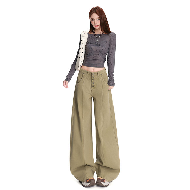 Autumn new style coffee green jeans with a buttoned design, high-waisted, loose fit, and floor-length for a slimming effect Autumn new style coffee green jeans with a buttoned design, high-waisted, loose fit, and floor-length for a slimming effect