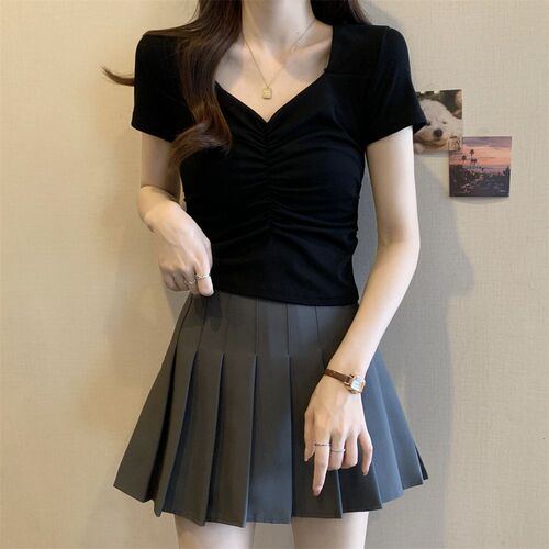 Ladies' sleeveless t-shirt with square neck, short style, tight fit, summer, high-waisted, showing navel, pleated large collar top