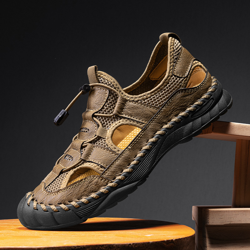 Men's Summer Sandals, Genuine Leather And Mesh Breathable Hollow Shoes, Men's Driving Closed-Toe Outdoor Casual Shoes_vogvips.com
