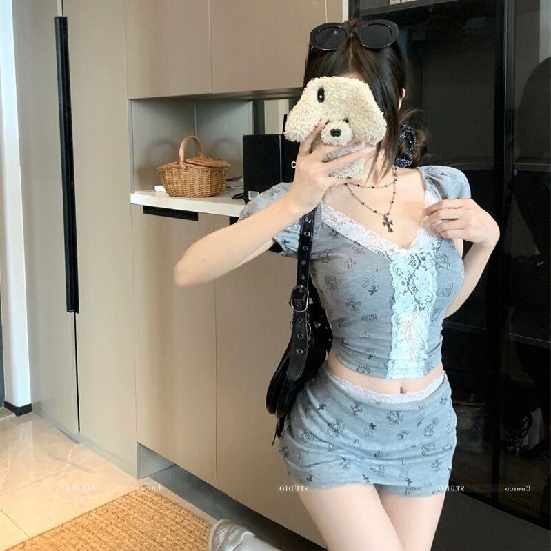 Korean Sexy Pure Lust Printed Lace Splicing Short Slim Fit Shirt Top + Waist Skirt Two-Piece Set for Women