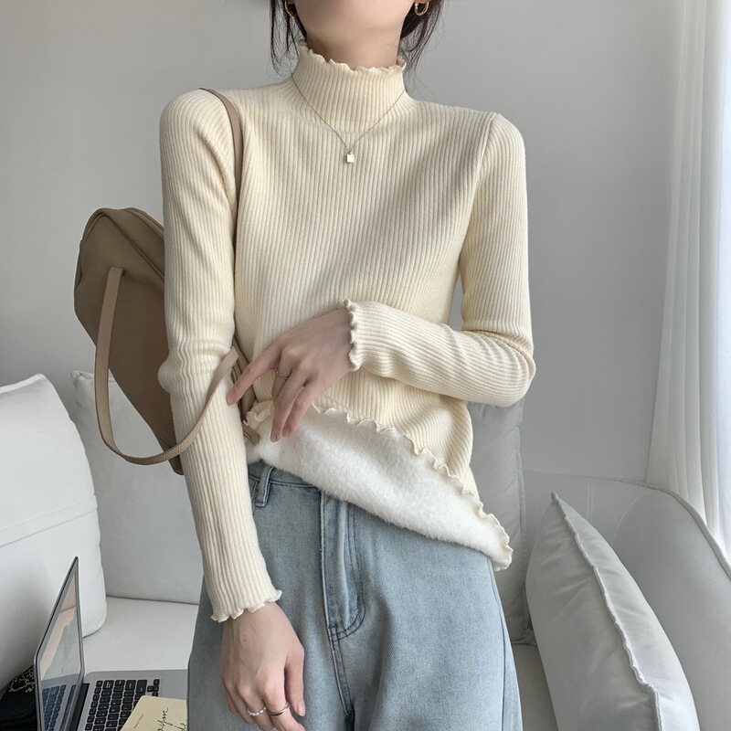 One-piece mink velvet half turtleneck wooden ear knitted bottoming shirt women's winter warm inner wear slim fit fleece-lined thick sweater One-piece mink velvet half turtleneck wooden ear knitted bottoming shirt women's winter warm inner wear slim fit fleece-lined thick sweater