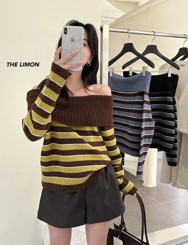 the limon柠檬绿茶2025秋季一字肩条纹撞色针织衫女显瘦毛衣上衣|undefined