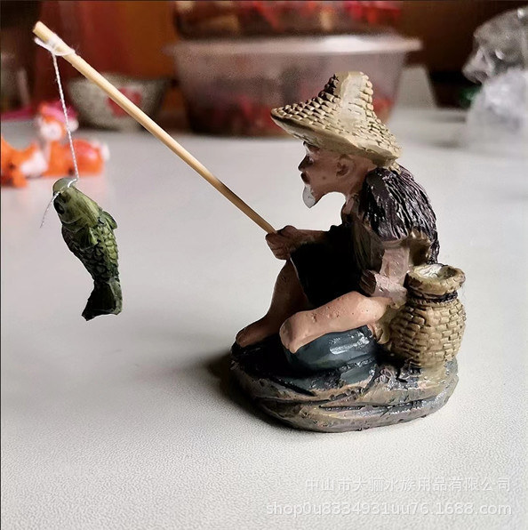 Figura decorativa de anciano pescando – adorno de PVC para paisaje de acuario o escritorio