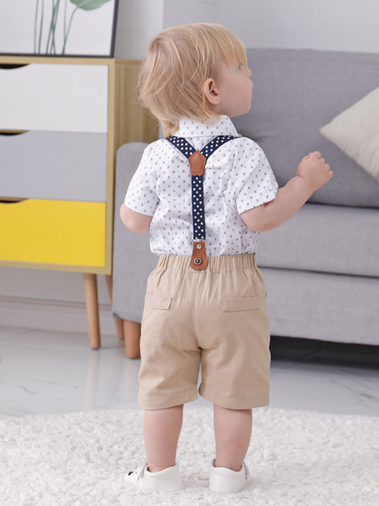 Ropa para niños al por mayor entrega de una sola pieza pantalones de tirantes finos británicos ropa de tres piezas para niños ropa de verano para niños de manga corta