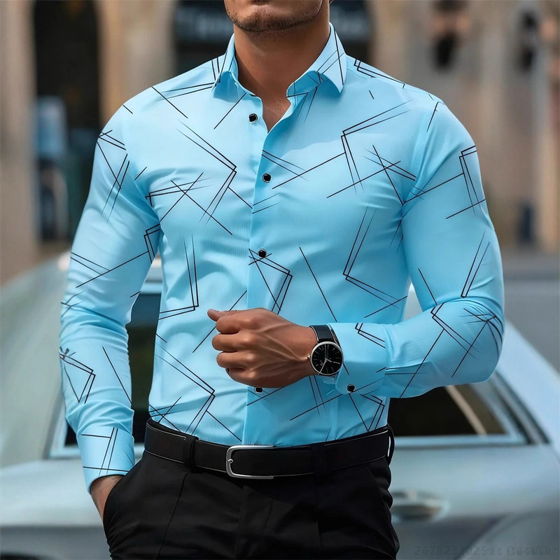 Men's Fashionable Geometric Line Print Long-Sleeved Shirt, Casual Business Style Design, No-Iron, Versatile Trendy Shirt Men's Fashionable Geometric Line Print Long-Sleeved Shirt, Casual Business Style Design, No-Iron, Versatile Trendy Shirt