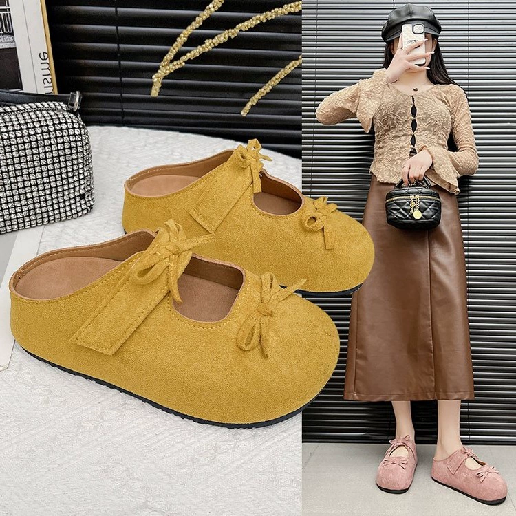 Женские сандалии Birkenstock в стиле французского ретро, ​​новинка 2025 года, с круглым носком и милым бантом, на толстой подошве, полутапочки