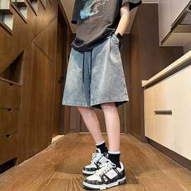 复古星空纹牛仔短裤男夏季薄款宽松直筒潮牌百搭男款5分五分裤子