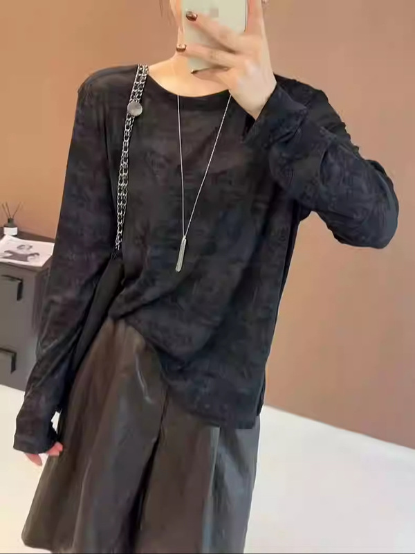 欧洲站2025早秋新款时尚复古扎染长袖T恤女宽松网纱打底衫上衣潮|undefined