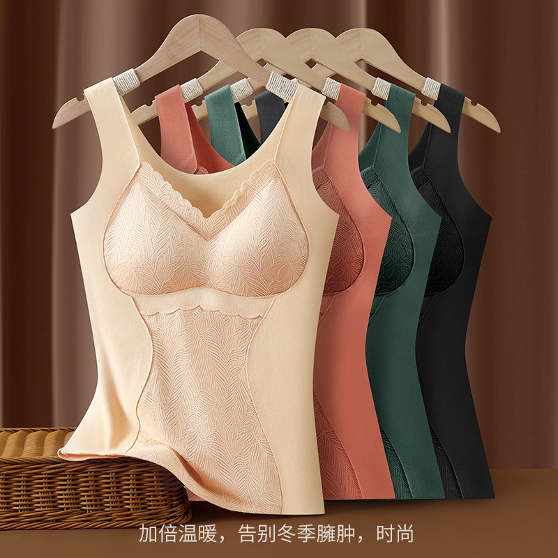De terciopelo calefacción térmica chaleco ropa interior de mujer con almohadilla en el pecho engrosada Otoño e Invierno ropa interior de encaje sin costuras térmica superior