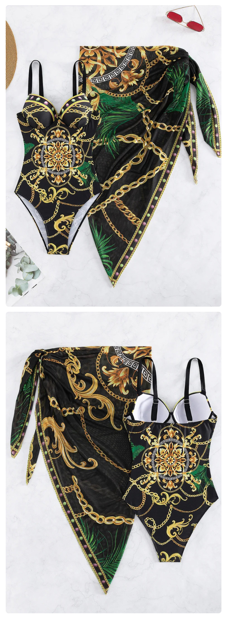Costum de baie dintr-o singură piesă pentru femei, bikini cu bretele, croială slim fit, imprimat_voghion.com