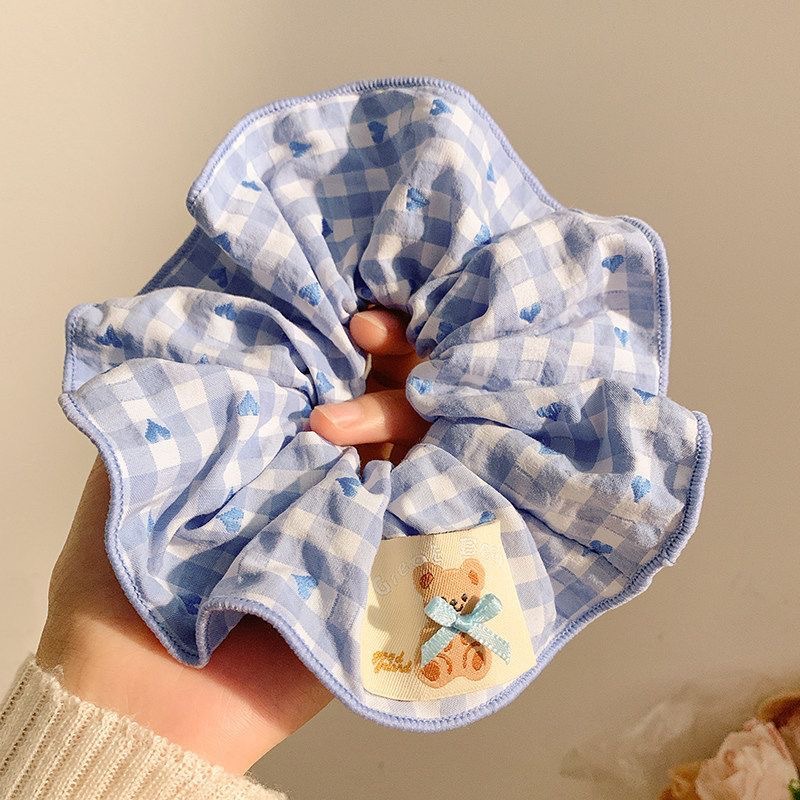 8#Light blue plaid love patch bear hair tie about 13cm