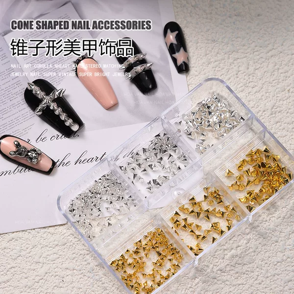 Cross-border bullet rivet nail art accessories metal punk style flat bottom three-dimensional sharp cone rivet nail art accessories wholesale