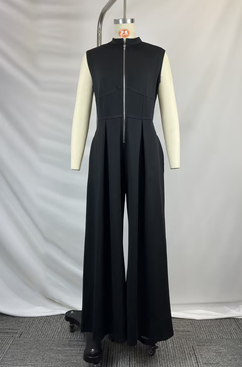 2026 Spring And Summer New Women's Clothing, Fashionable And Elegant Solid Color V-neck Pleated Splicing Jumpsuit_ecoleips.com