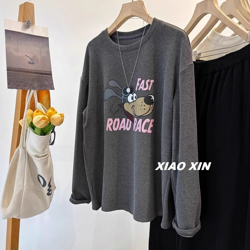 Japanese Retro Age-reducing Cool Dog Casual Cartoon Double-sided Velvet Thickened Long-sleeve T-shirt Women's Base Shirt Top