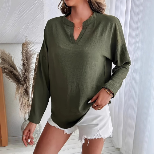 Euro-American 2025 Summer V-neck Solid Color Fashion Casual Long-sleeve Shirt for Women, Light Luxury and Elegant