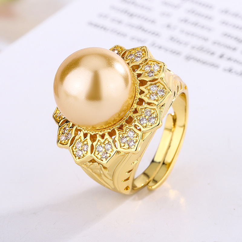 2024 nuevo estilo Zhuang Shengsheng joyería cobre chapado en oro blanco redondo anillo de perlas en forma de flor para mujer 14mm al por mayor