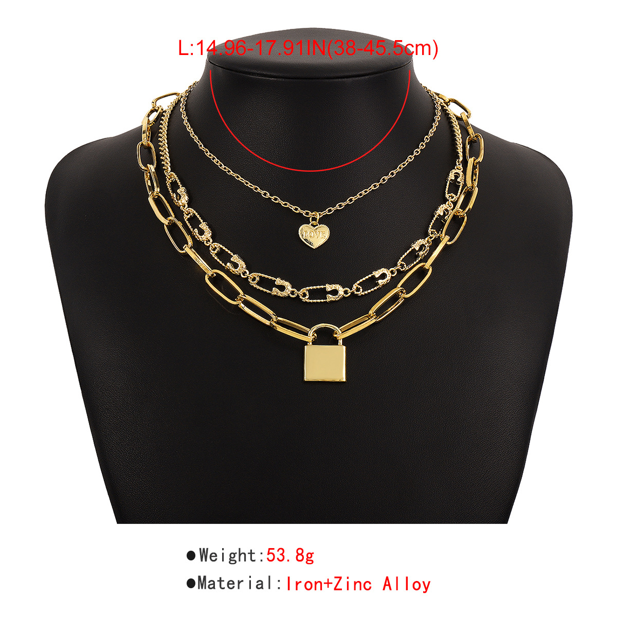 Fashion Heart Shape Lock Alloy Geometry Metal Chain Pendant Necklace 3 Piece Set display picture 7