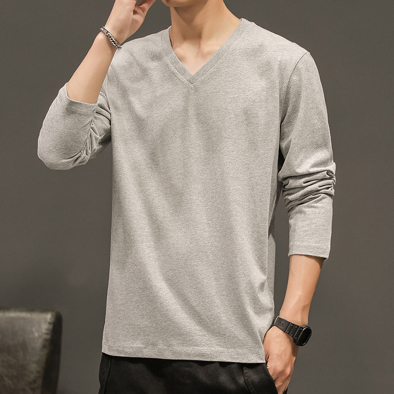 Men's Long-Sleeve T-Shirt V-Neck Solid Color Top Cotton Base Shirt Autumn Men's Trendy White Autumn Clothing