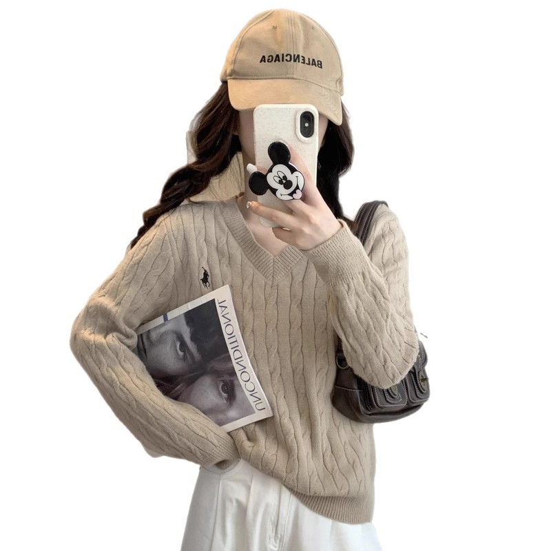 ツイスト V ネックプルオーバー長袖ニットセーター女性のレトロ刺繍新 ins2025 秋冬トップ多用途長袖|undefined