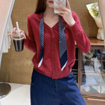 韩系优雅绝美纯色飘带领长袖针织开衫女秋季款高级感洋气外套上衣|undefined