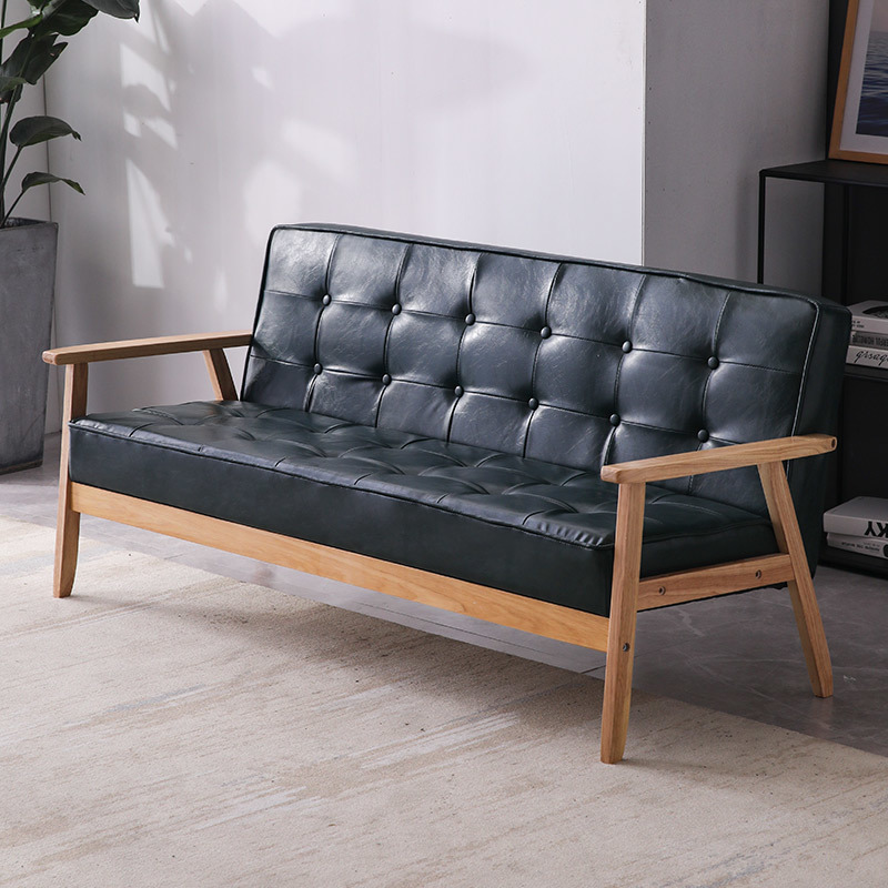 Madera sólida nórdica moderna y simple sofá de cuero para tres personas sala de estar sofá doble tipo pequeño
