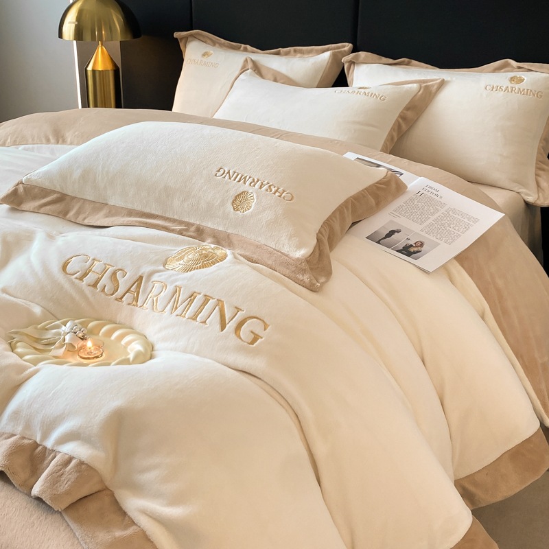 Advanced Sense Thickened Milk Velvet Four-piece Set Light Luxury Embroidered Quilt Cover Warm Winter Solid Color Double-sided Coral Velvet Bedding