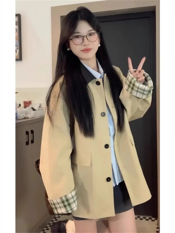 ミドル丈韓国風高級ウインドブレーカー女性用2025春秋新作小柄日本風英国風土黄色ジャケット|undefined