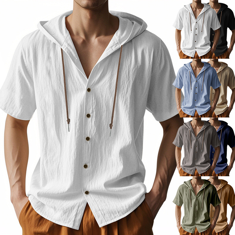 Cross-border Amazon American Summer Men's Thin Breathable Linen Ami Khaji Loose Hooded Short-sleeved Shirt for Men
