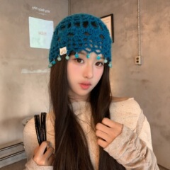 日系复古镂空针织包头帽女民族风川西旅游拍照显脸小蓝色套头帽子