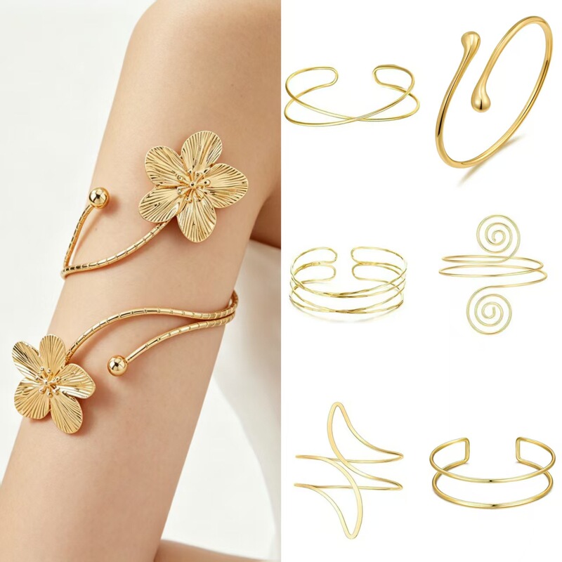 Cross-Border Exclusive Supply of Geometric Metal Arm Bracelets with Adjustable Openings on the Upper Arm, Personalized and Exaggerated Leaf and Flower Arm Bracelets