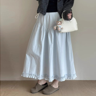 in stock Pregnant Women's light blue Skirt Fungus Lace Summer A- line Skirt Hip Covering Small Long Skirt