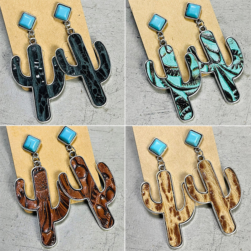 Retro Cactus Alloy Inlay Turquoise Women's Drop Earrings 1 Pair display picture 8