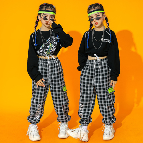 Children girls boys black with white plaid hip-hop street jazz dance costumes rapper singers gogo dancers stage performance outfits model show catwalk costumes