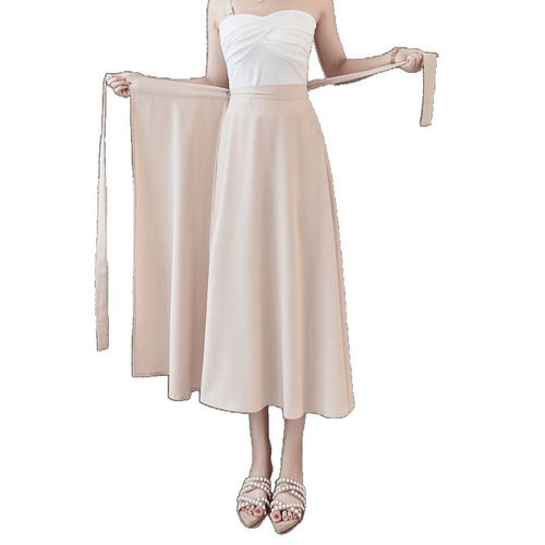 2025 Spring Korean One-Piece Belted High-Waisted Medium-Length A-Line French Knee-Length Wrap Dress for Women
