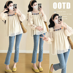 Pregnant Women's Fashion Korean Style Spring and Summer French Square Collar Tea Break Heavy Industry Fairy Chiffon Shirt Trendy Mom's Age-reducing Doll Shirt